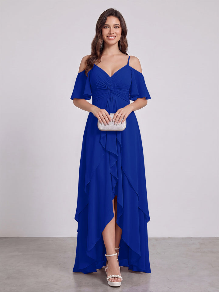 A-Line/Princess Spaghetti Straps Half Sleeves V-Neck Bridesmaid Dresses With Ruffles
