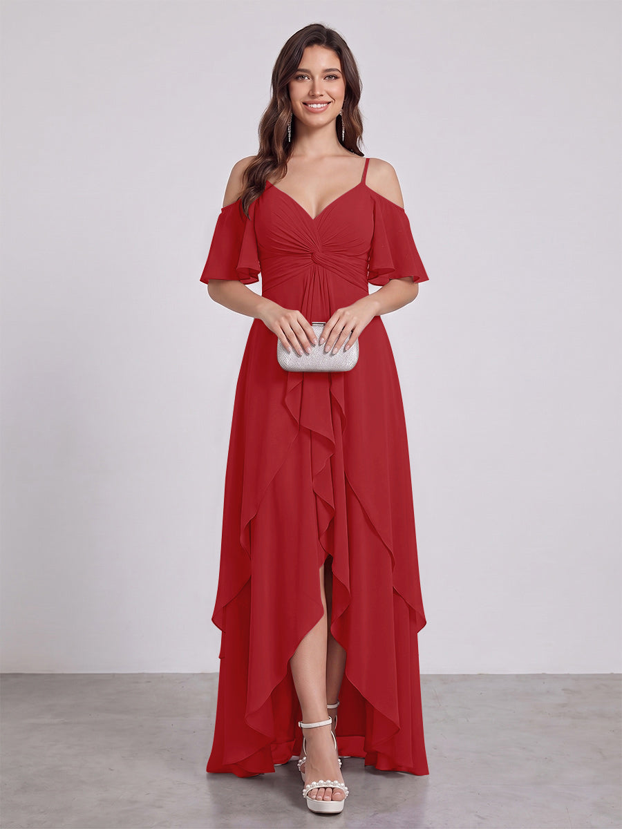 A-Line/Princess Spaghetti Straps Half Sleeves V-Neck Bridesmaid Dresses With Ruffles