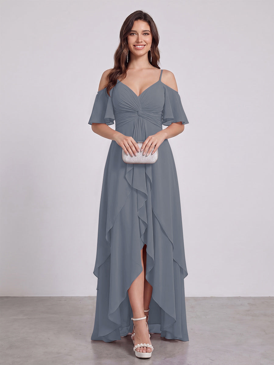 A-Line/Princess Spaghetti Straps Half Sleeves V-Neck Bridesmaid Dresses With Ruffles