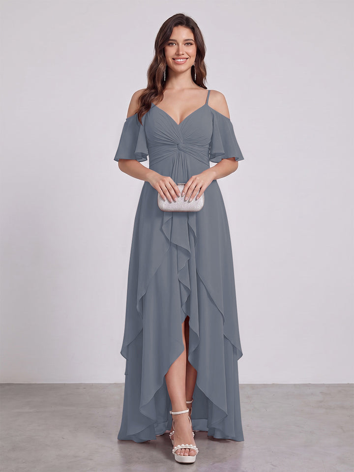 A-Line/Princess Spaghetti Straps Half Sleeves V-Neck Bridesmaid Dresses With Ruffles