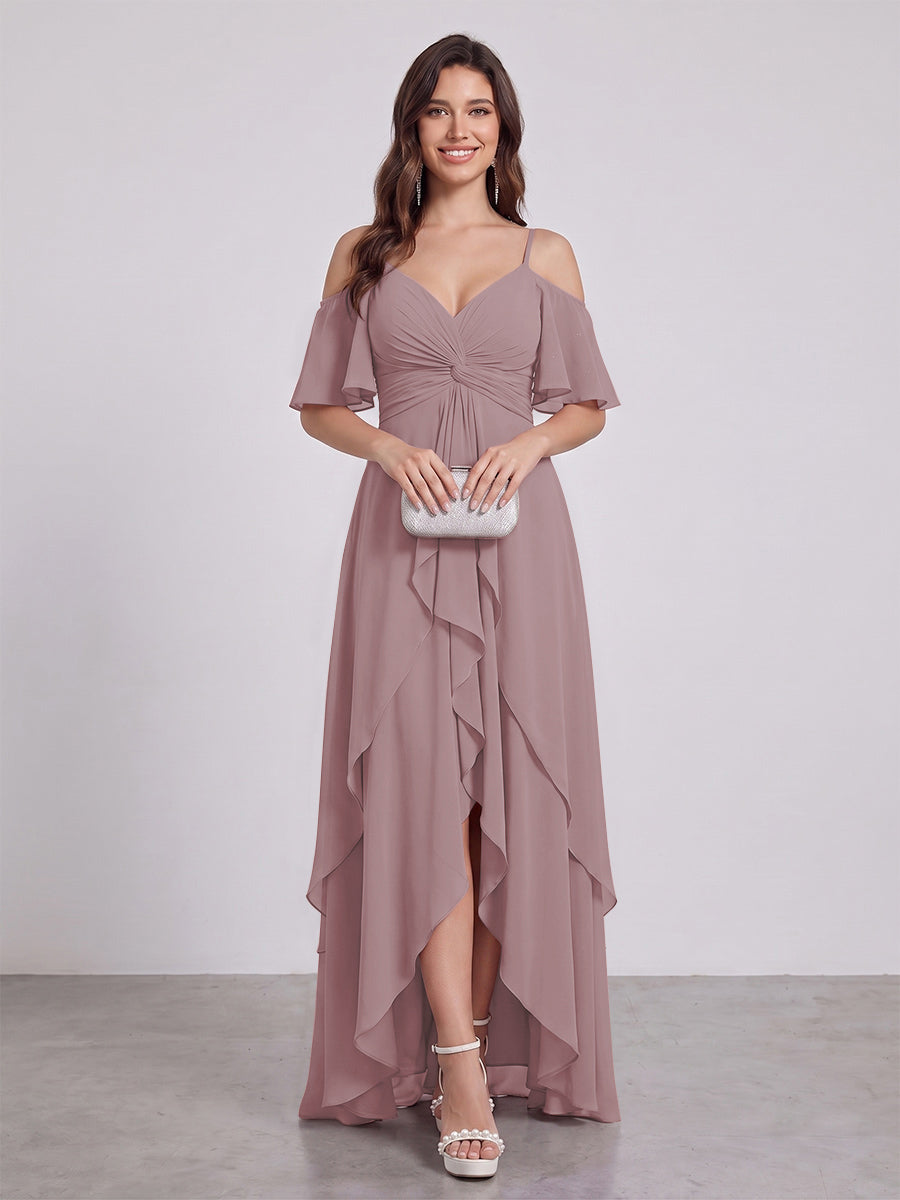 A-Line/Princess Spaghetti Straps Half Sleeves V-Neck Bridesmaid Dresses With Ruffles