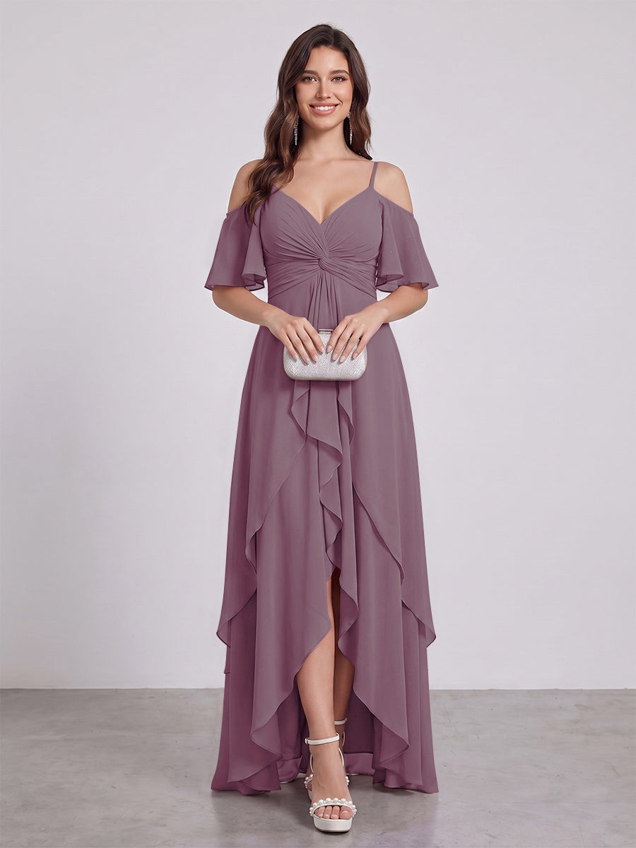 A-Line/Princess Spaghetti Straps Half Sleeves V-Neck Bridesmaid Dresses With Ruffles
