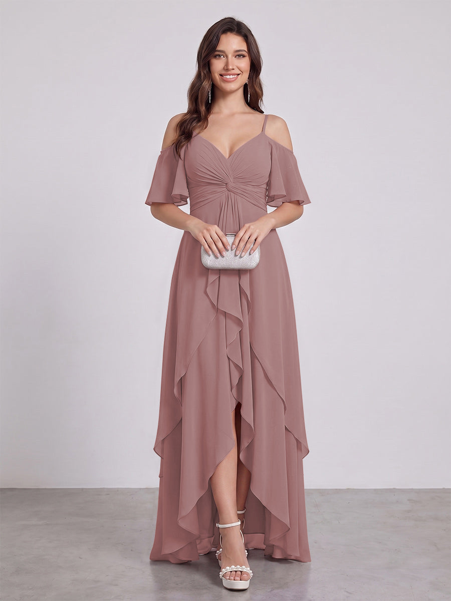 A-Line/Princess Spaghetti Straps Half Sleeves V-Neck Bridesmaid Dresses With Ruffles