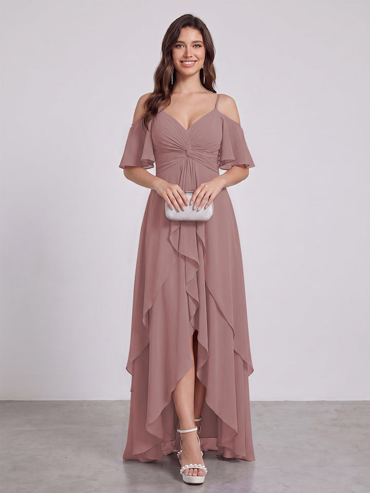 A-Line/Princess Spaghetti Straps Half Sleeves V-Neck Bridesmaid Dresses With Ruffles