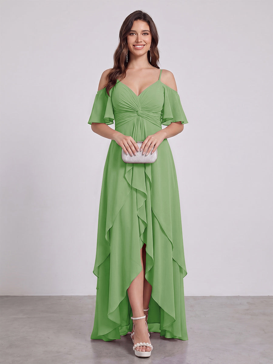 A-Line/Princess Spaghetti Straps Half Sleeves V-Neck Bridesmaid Dresses With Ruffles