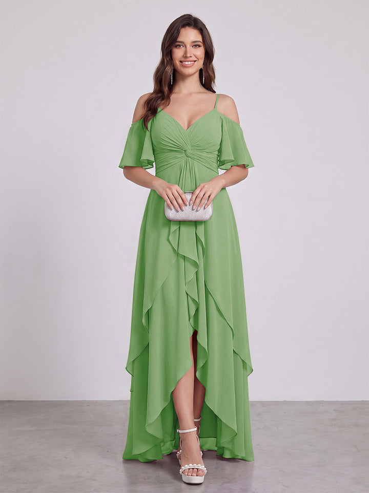 A-Line/Princess Spaghetti Straps Half Sleeves V-Neck Bridesmaid Dresses With Ruffles