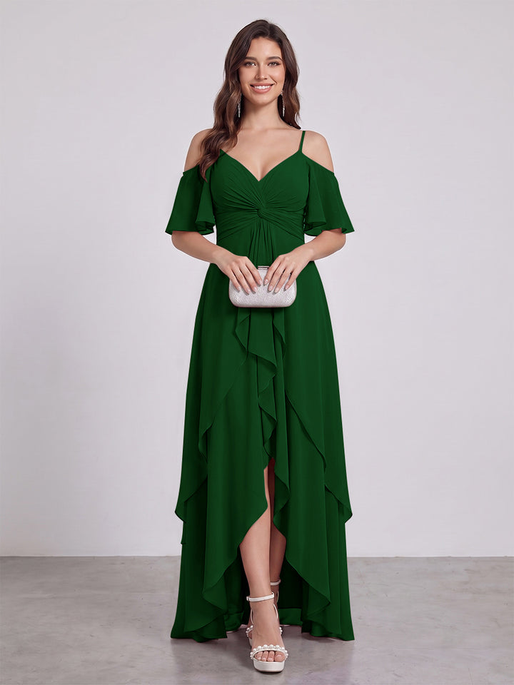 A-Line/Princess Spaghetti Straps Half Sleeves V-Neck Bridesmaid Dresses With Ruffles