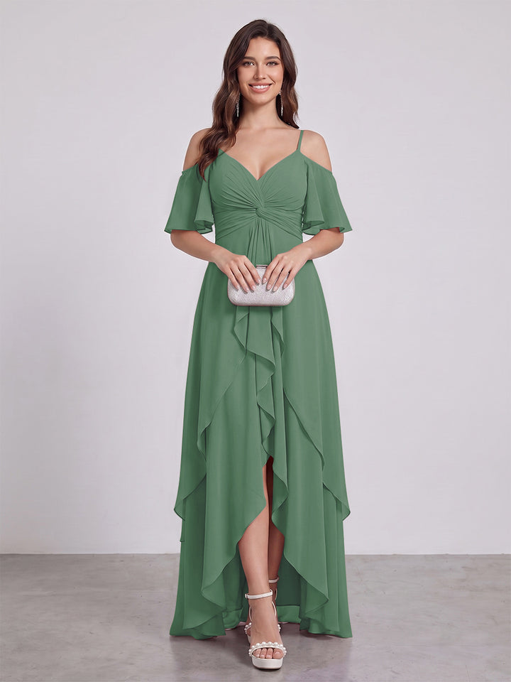 A-Line/Princess Spaghetti Straps Half Sleeves V-Neck Bridesmaid Dresses With Ruffles