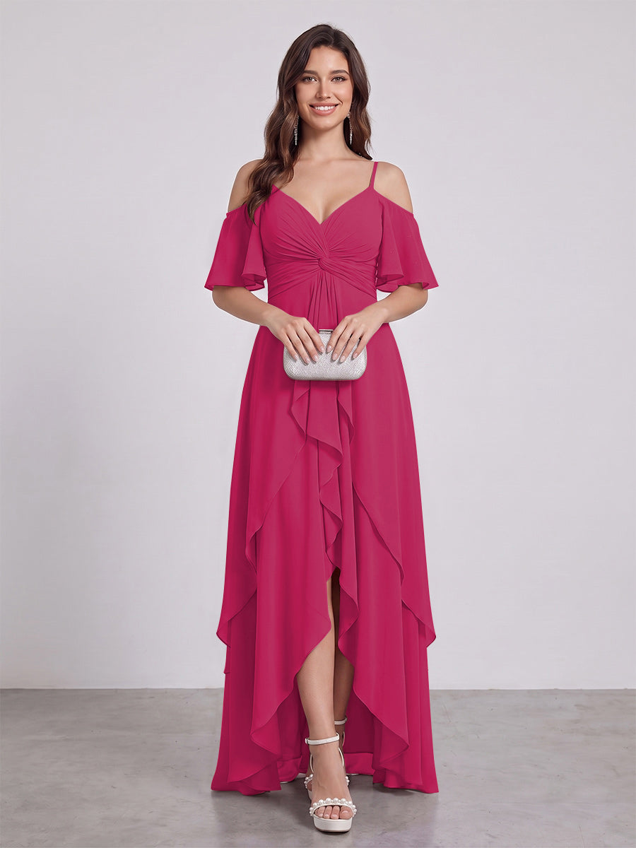 A-Line/Princess Spaghetti Straps Half Sleeves V-Neck Bridesmaid Dresses With Ruffles