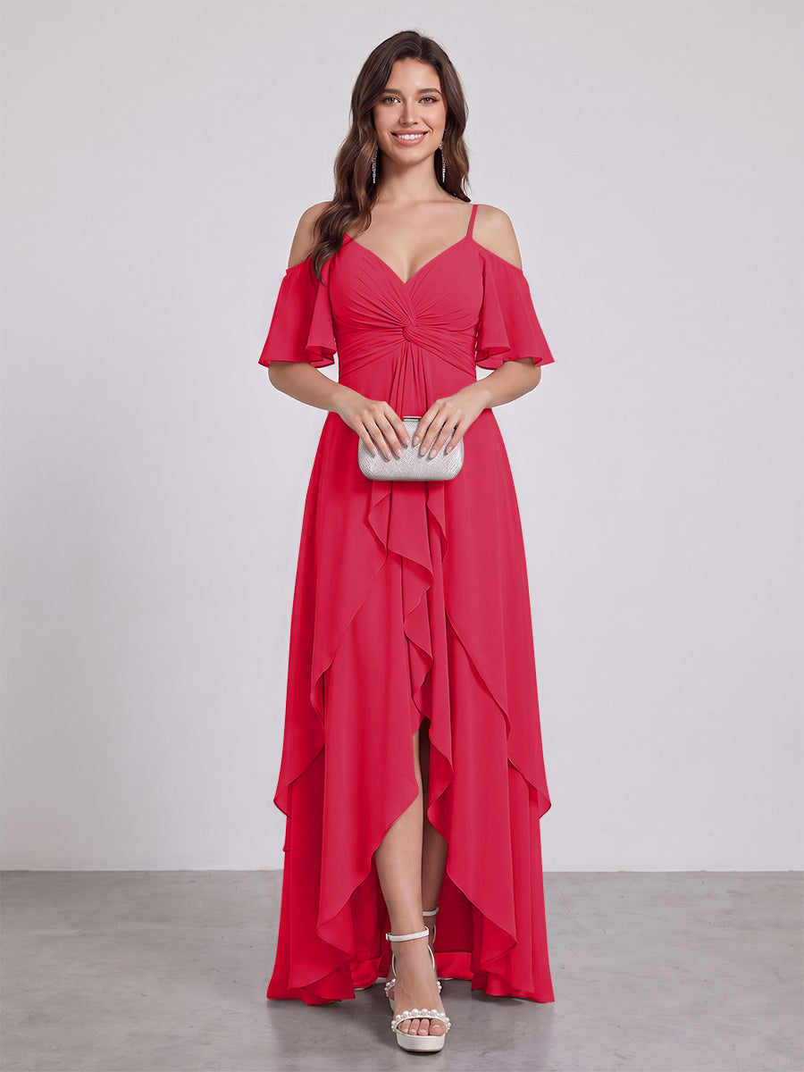 A-Line/Princess Spaghetti Straps Half Sleeves V-Neck Bridesmaid Dresses With Ruffles