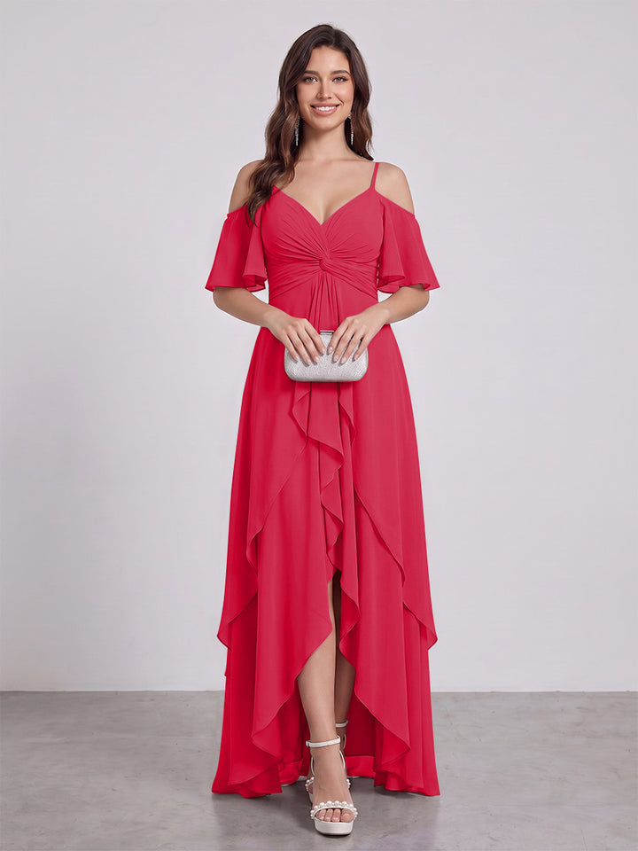 A-Line/Princess Spaghetti Straps Half Sleeves V-Neck Bridesmaid Dresses With Ruffles