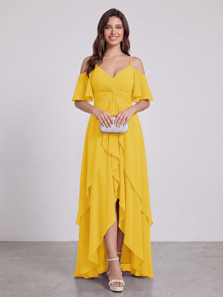 A-Line/Princess Spaghetti Straps Half Sleeves V-Neck Bridesmaid Dresses With Ruffles