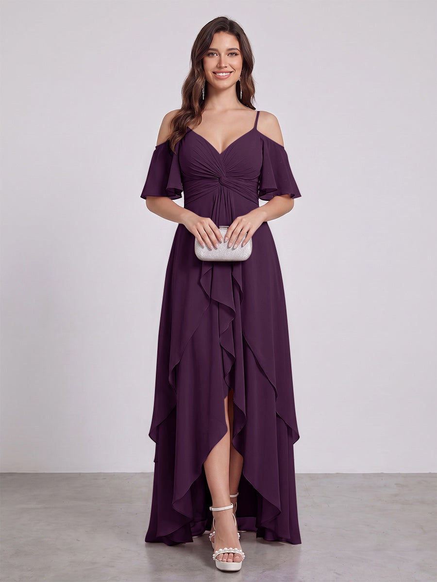 A-Line/Princess Spaghetti Straps Half Sleeves V-Neck Bridesmaid Dresses With Ruffles