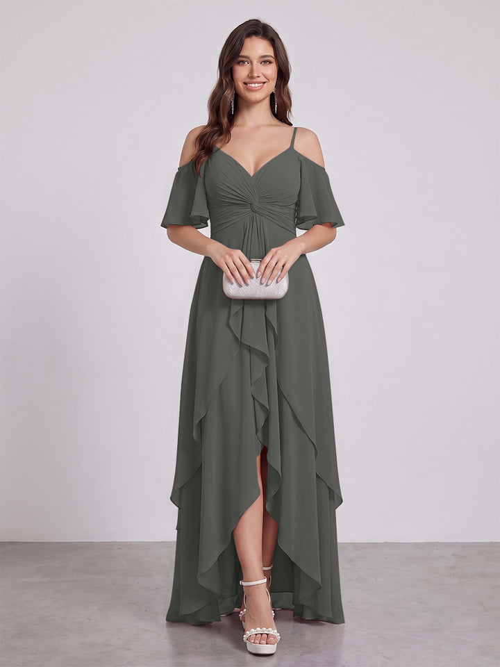 A-Line/Princess Spaghetti Straps Half Sleeves V-Neck Bridesmaid Dresses With Ruffles