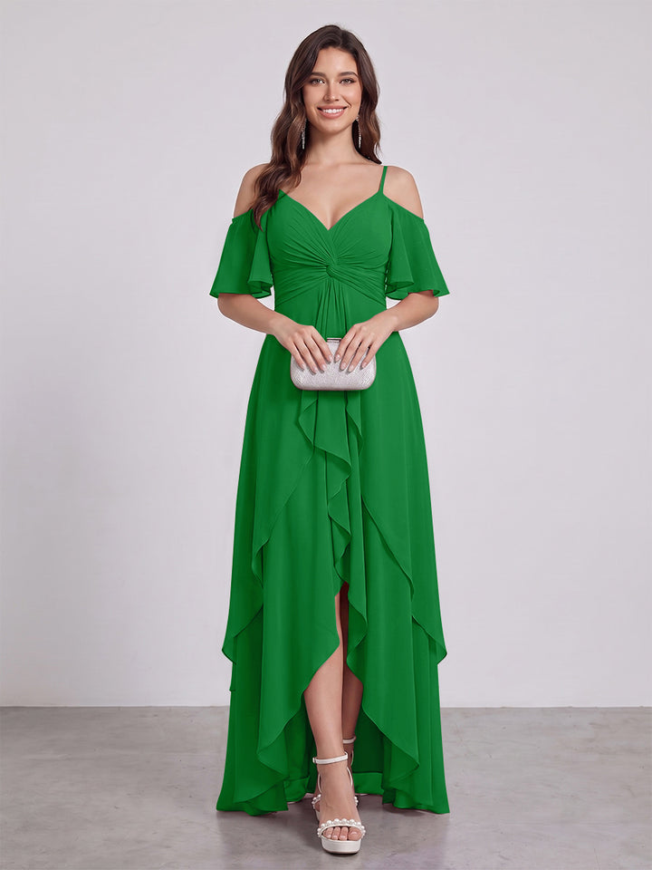 A-Line/Princess Spaghetti Straps Half Sleeves V-Neck Bridesmaid Dresses With Ruffles