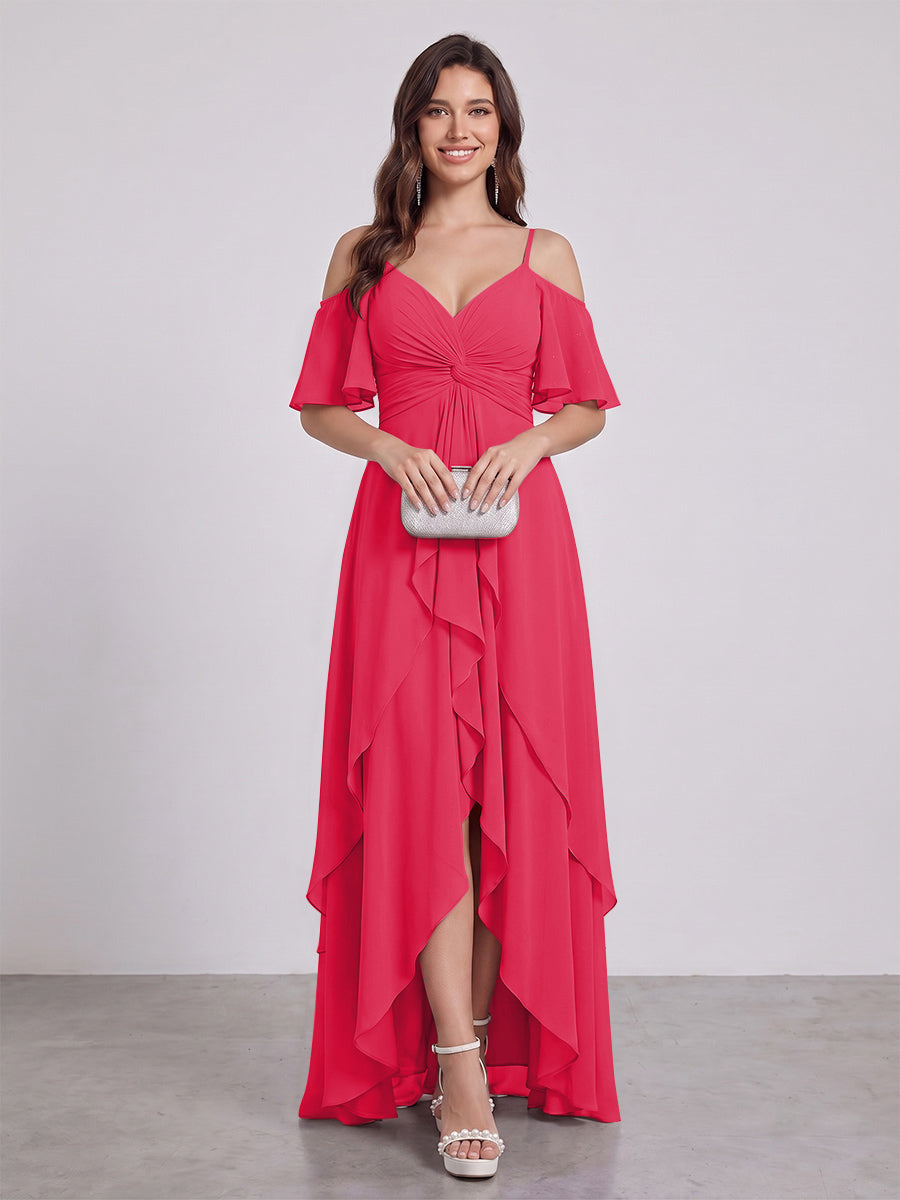 A-Line/Princess Spaghetti Straps Half Sleeves V-Neck Bridesmaid Dresses With Ruffles