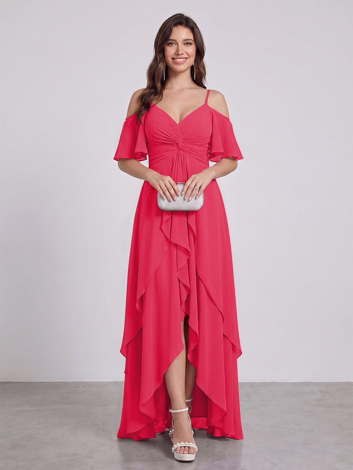 A-Line/Princess Spaghetti Straps Half Sleeves V-Neck Bridesmaid Dresses With Ruffles