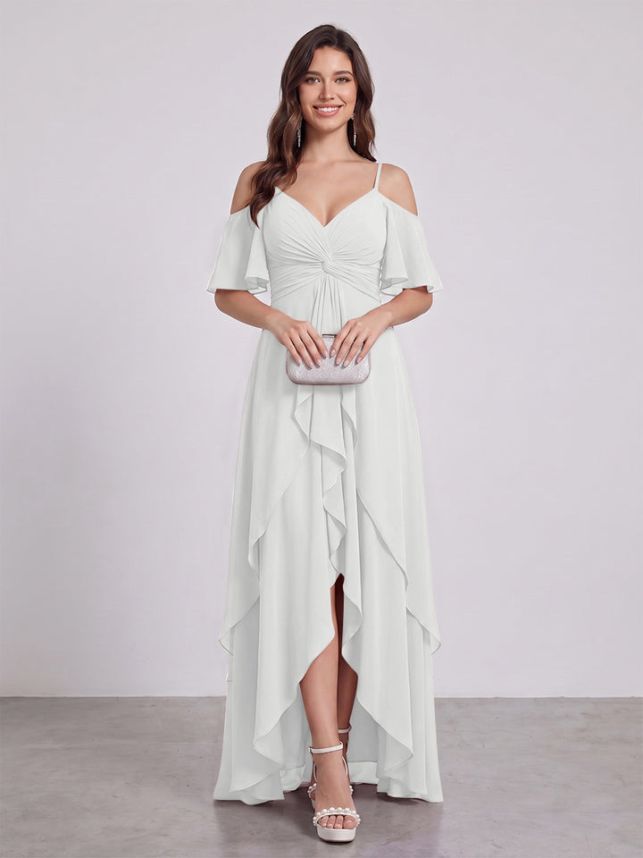 A-Line/Princess Spaghetti Straps Half Sleeves V-Neck Bridesmaid Dresses With Ruffles