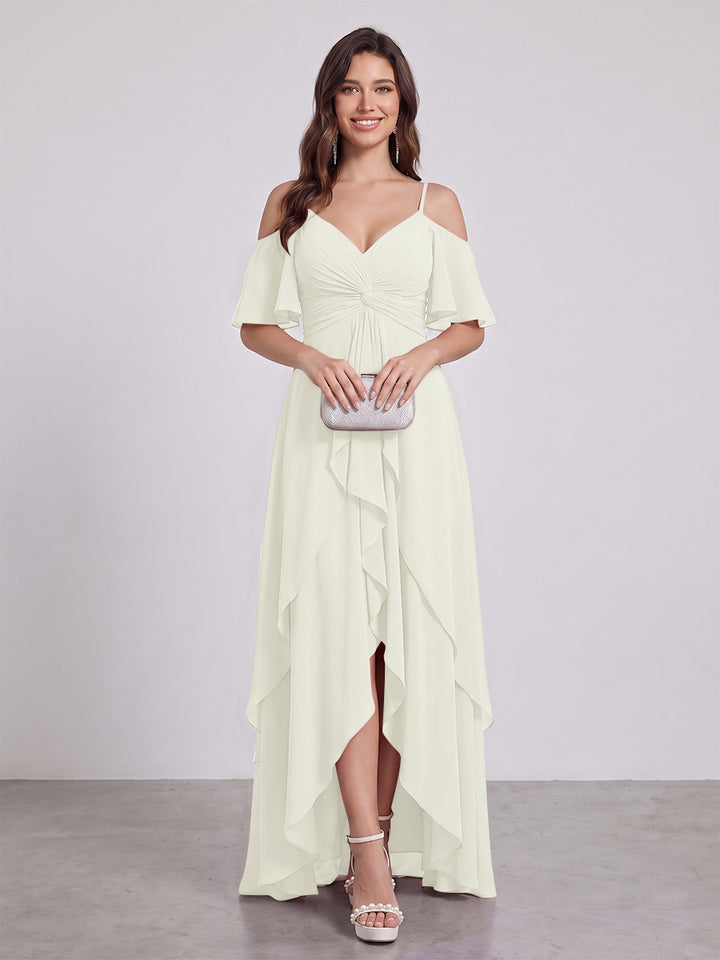 A-Line/Princess Spaghetti Straps Half Sleeves V-Neck Bridesmaid Dresses With Ruffles