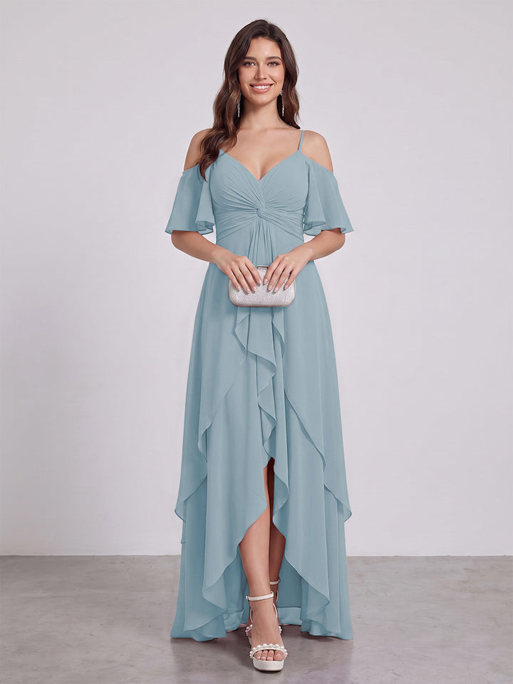 A-Line/Princess Spaghetti Straps Half Sleeves V-Neck Bridesmaid Dresses With Ruffles