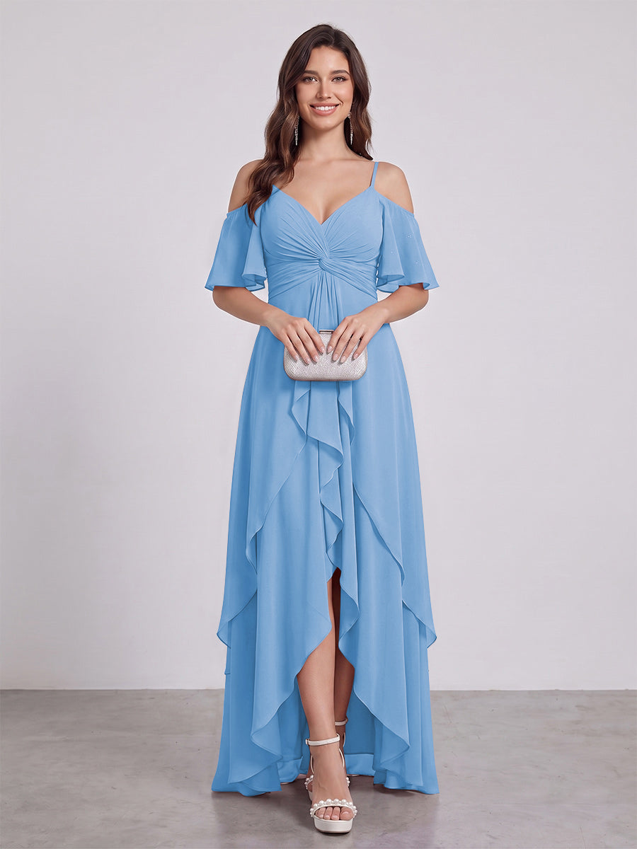 A-Line/Princess Spaghetti Straps Half Sleeves V-Neck Bridesmaid Dresses With Ruffles