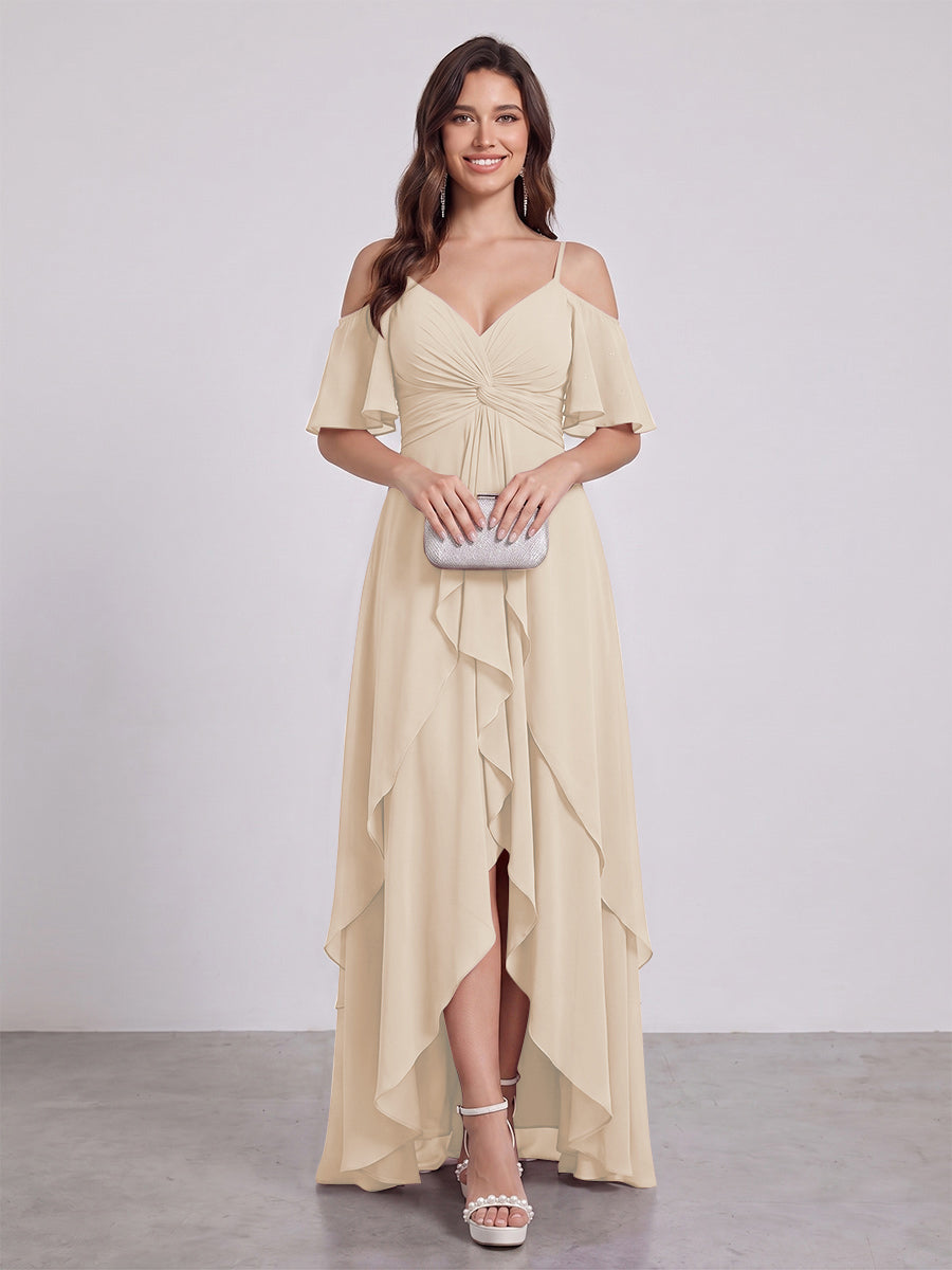 A-Line/Princess Spaghetti Straps Half Sleeves V-Neck Bridesmaid Dresses With Ruffles