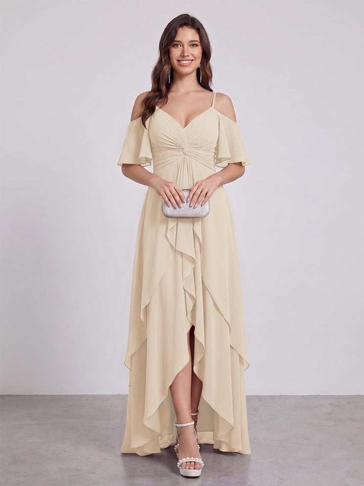 A-Line/Princess Spaghetti Straps Half Sleeves V-Neck Bridesmaid Dresses With Ruffles