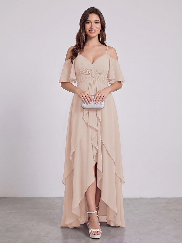 A-Line/Princess Spaghetti Straps Half Sleeves V-Neck Bridesmaid Dresses With Ruffles