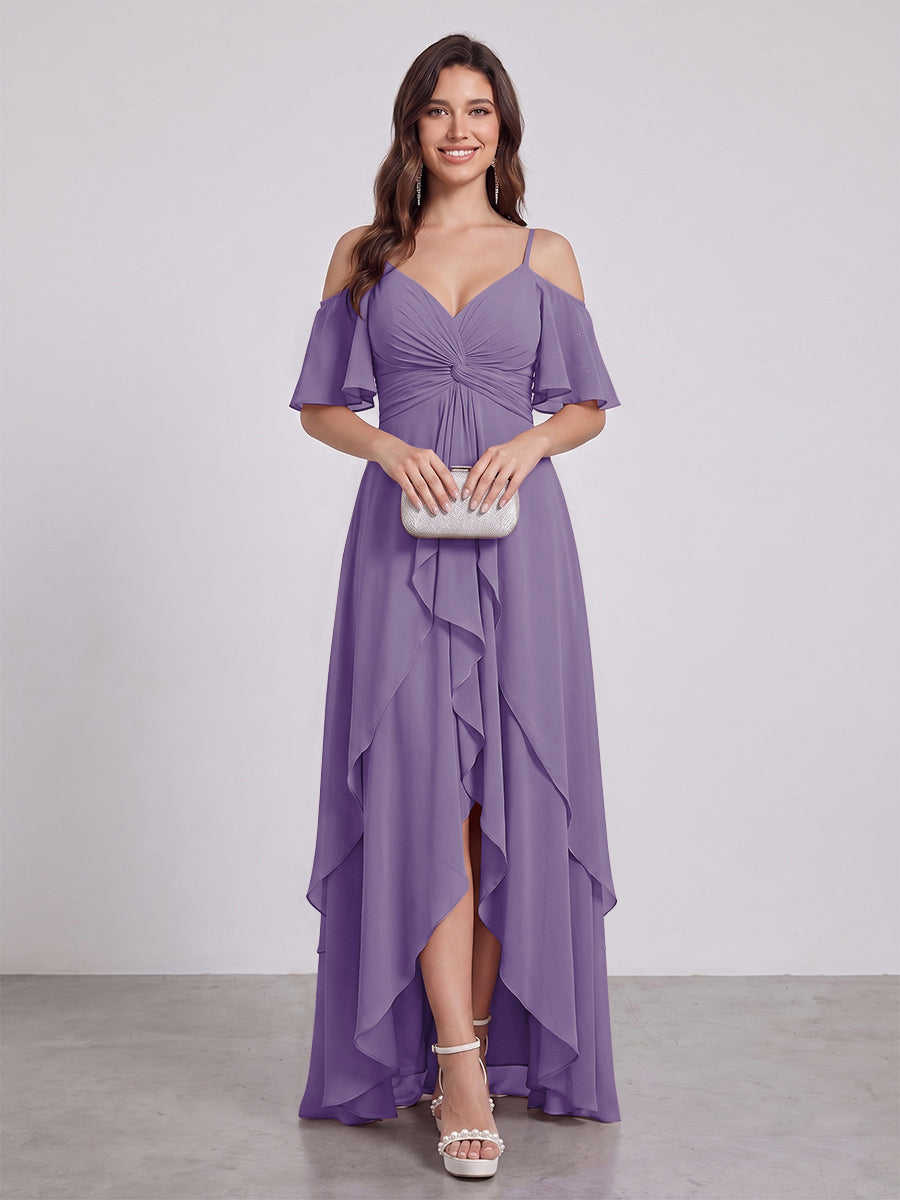 A-Line/Princess Spaghetti Straps Half Sleeves V-Neck Bridesmaid Dresses With Ruffles