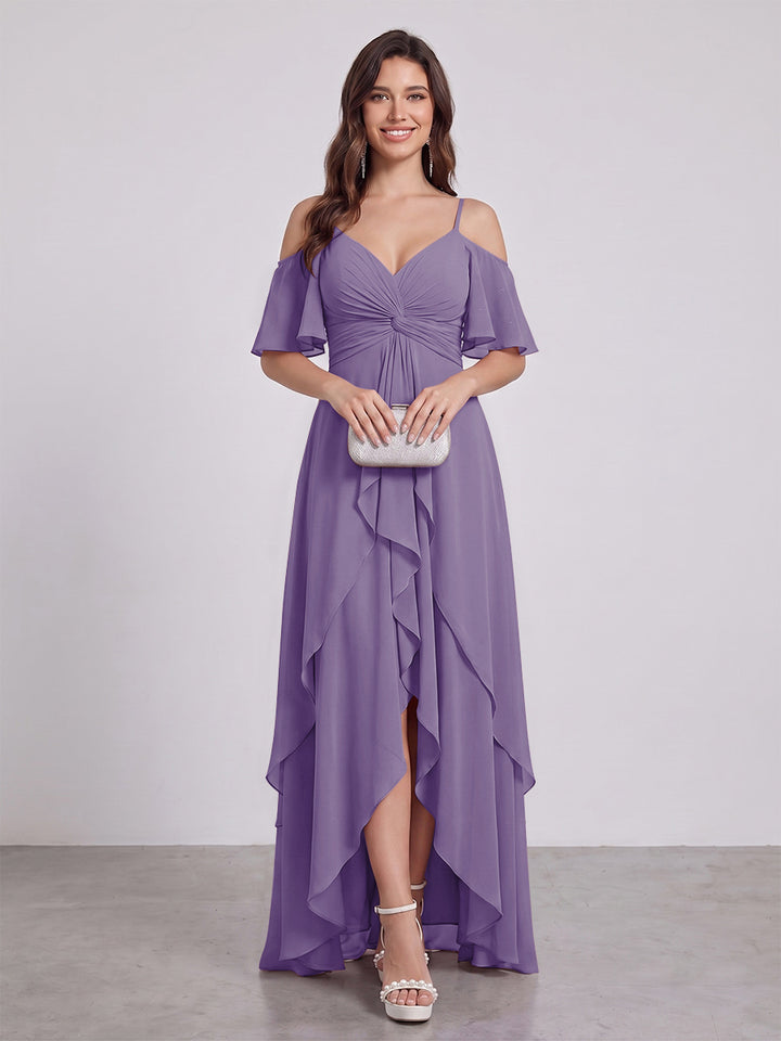 A-Line/Princess Spaghetti Straps Half Sleeves V-Neck Bridesmaid Dresses With Ruffles
