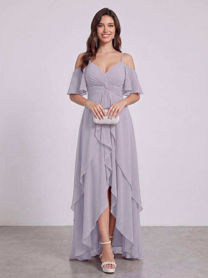 A-Line/Princess Spaghetti Straps Half Sleeves V-Neck Bridesmaid Dresses With Ruffles