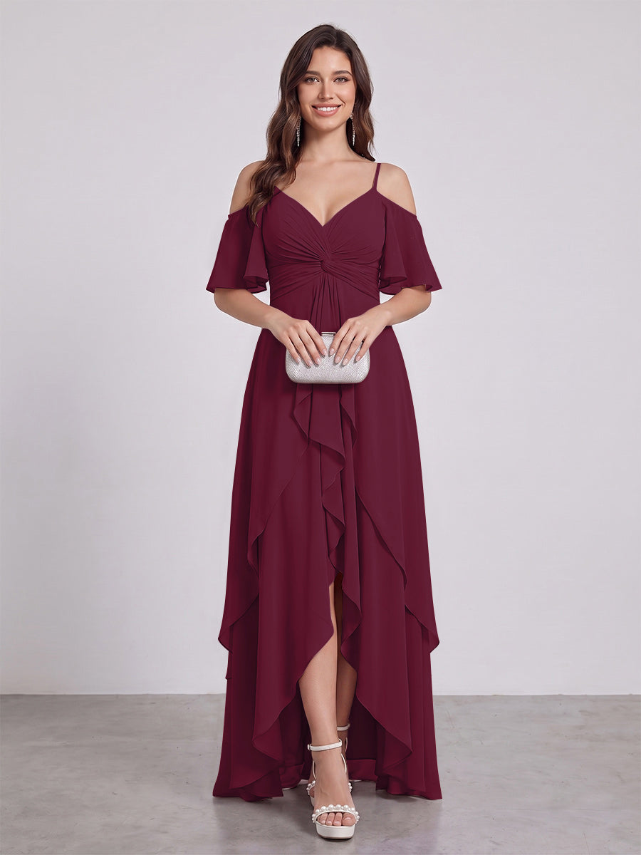 A-Line/Princess Spaghetti Straps Half Sleeves V-Neck Bridesmaid Dresses With Ruffles