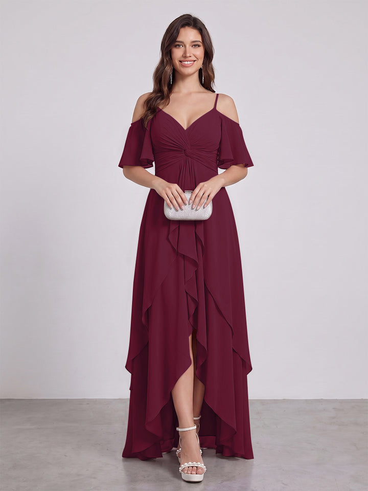 A-Line/Princess Spaghetti Straps Half Sleeves V-Neck Bridesmaid Dresses With Ruffles
