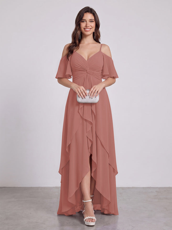 A-Line/Princess Spaghetti Straps Half Sleeves V-Neck Bridesmaid Dresses With Ruffles