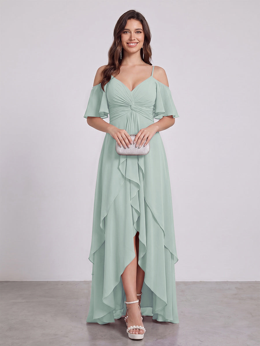 A-Line/Princess Spaghetti Straps Half Sleeves V-Neck Bridesmaid Dresses With Ruffles