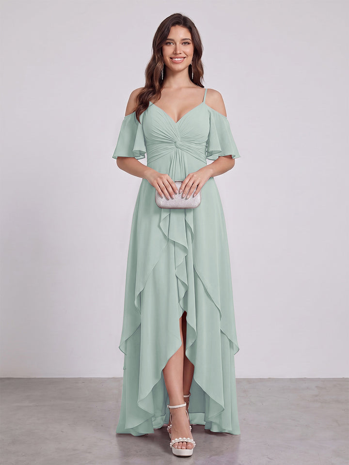 A-Line/Princess Spaghetti Straps Half Sleeves V-Neck Bridesmaid Dresses With Ruffles