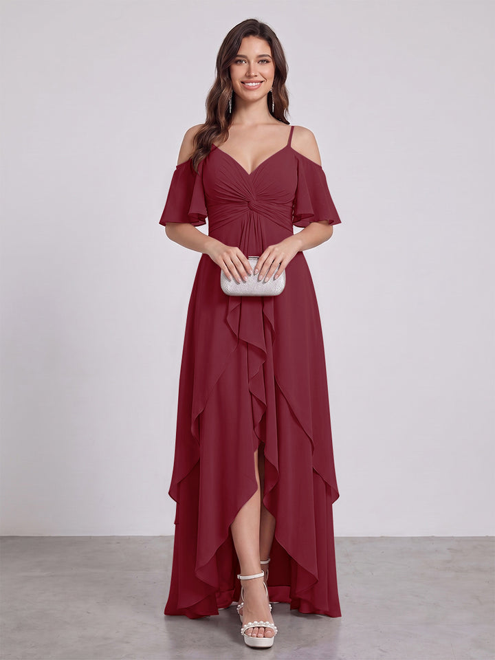 A-Line/Princess Spaghetti Straps Half Sleeves V-Neck Bridesmaid Dresses With Ruffles
