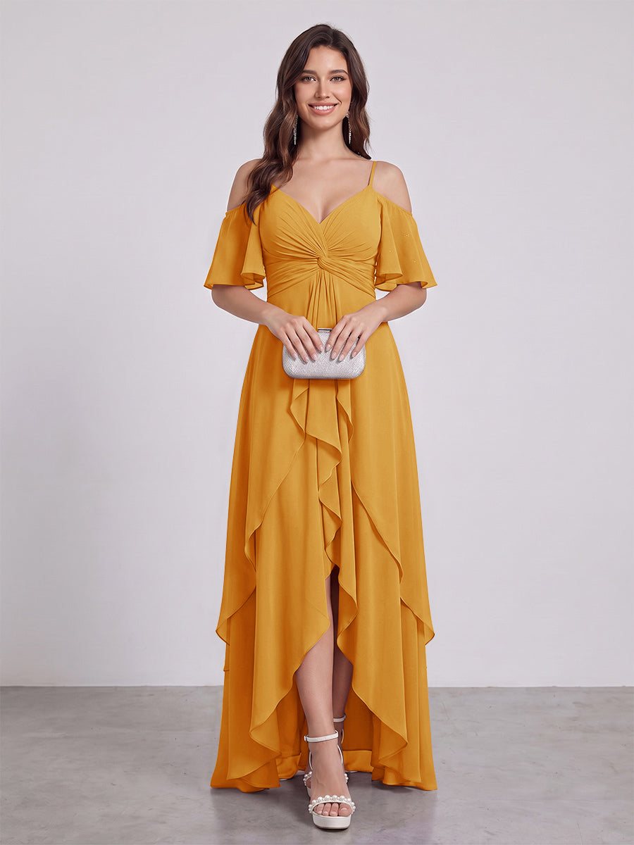 A-Line/Princess Spaghetti Straps Half Sleeves V-Neck Bridesmaid Dresses With Ruffles