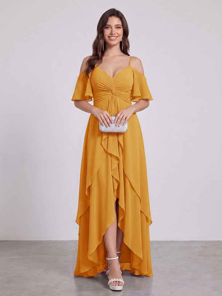 A-Line/Princess Spaghetti Straps Half Sleeves V-Neck Bridesmaid Dresses With Ruffles