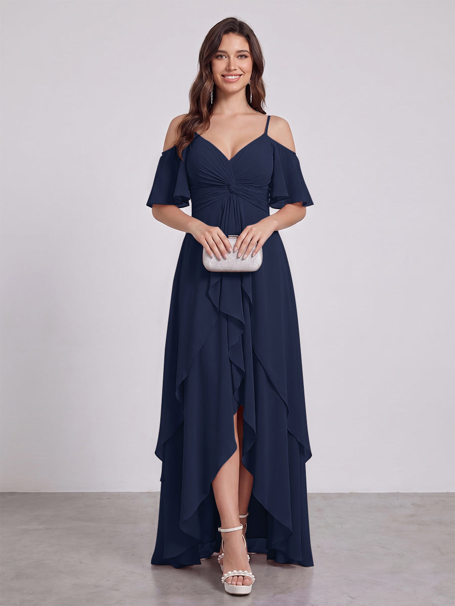A-Line/Princess Spaghetti Straps Half Sleeves V-Neck Bridesmaid Dresses With Ruffles