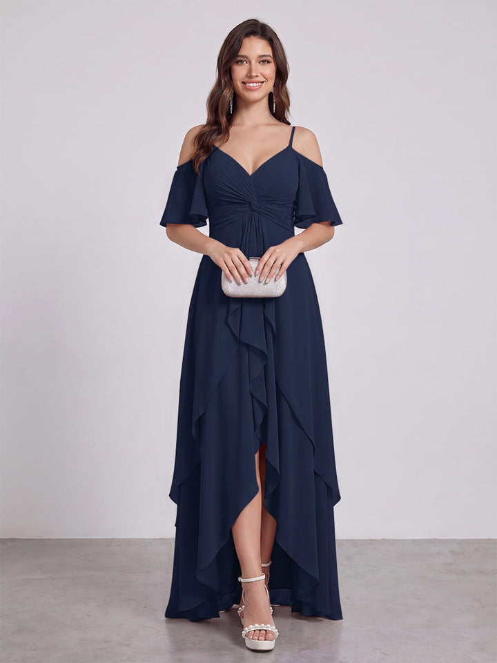 A-Line/Princess Spaghetti Straps Half Sleeves V-Neck Bridesmaid Dresses With Ruffles