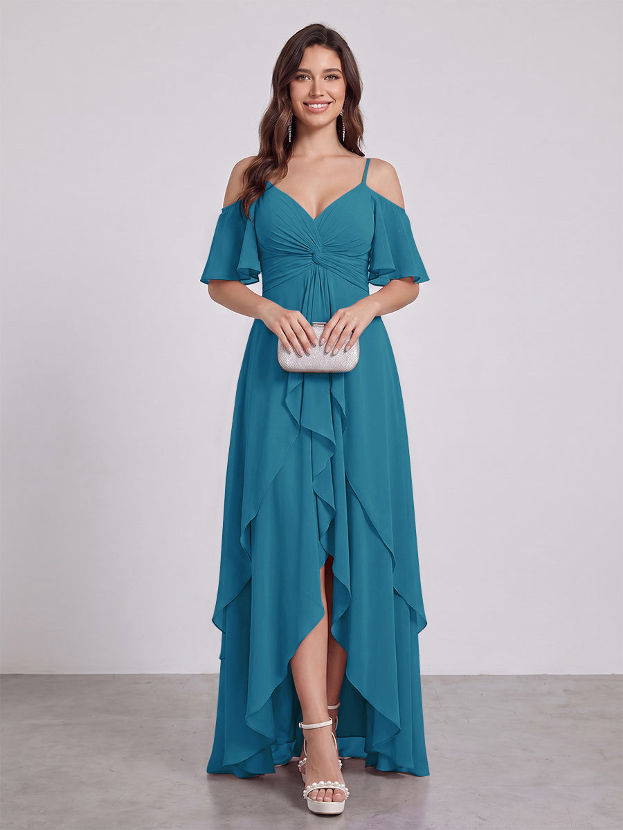 A-Line/Princess Spaghetti Straps Half Sleeves V-Neck Bridesmaid Dresses With Ruffles
