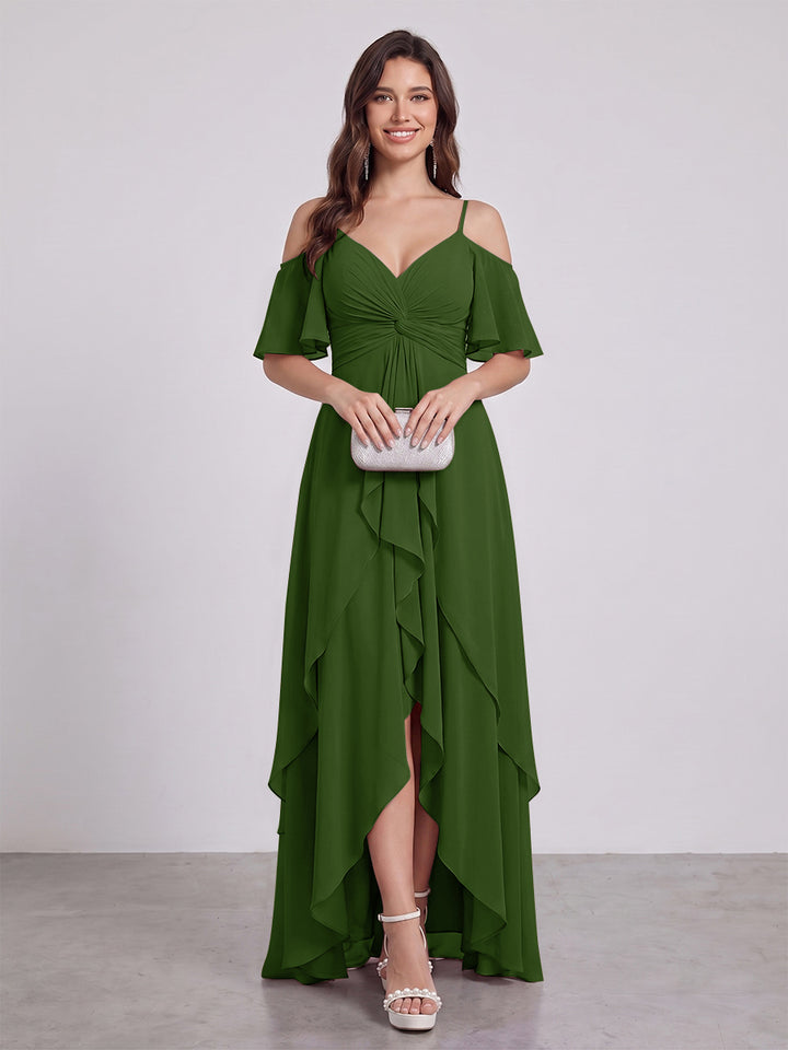 A-Line/Princess Spaghetti Straps Half Sleeves V-Neck Bridesmaid Dresses With Ruffles