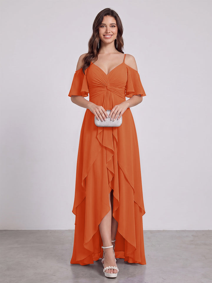 A-Line/Princess Spaghetti Straps Half Sleeves V-Neck Bridesmaid Dresses With Ruffles