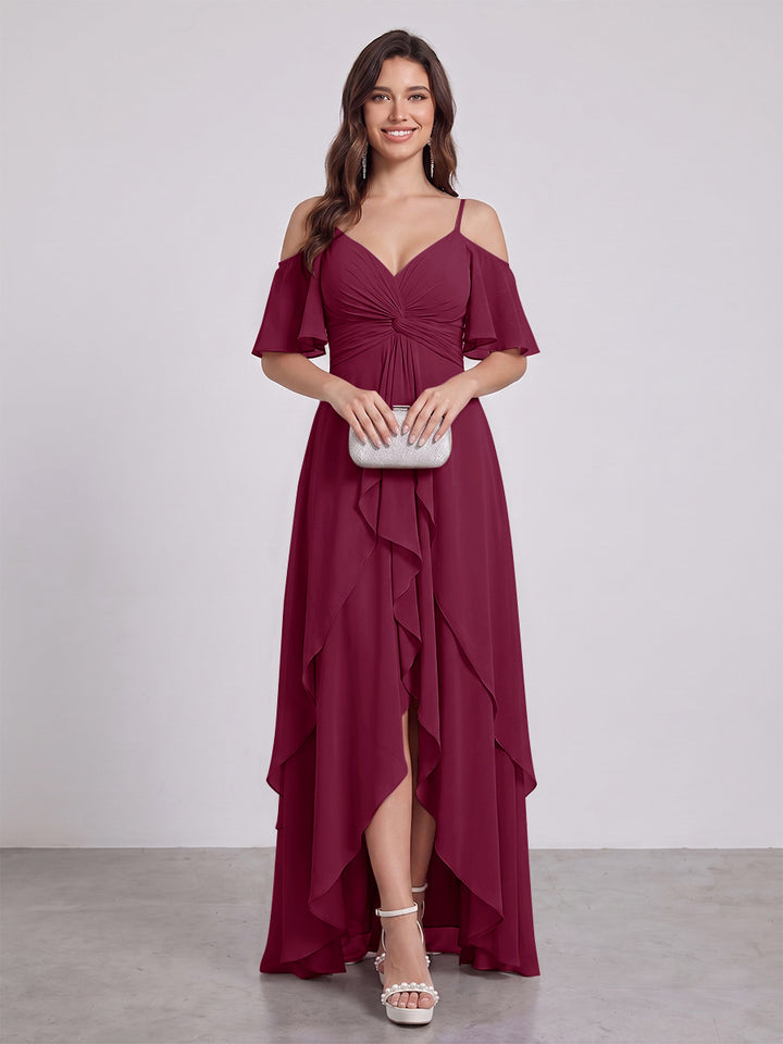 A-Line/Princess Spaghetti Straps Half Sleeves V-Neck Bridesmaid Dresses With Ruffles