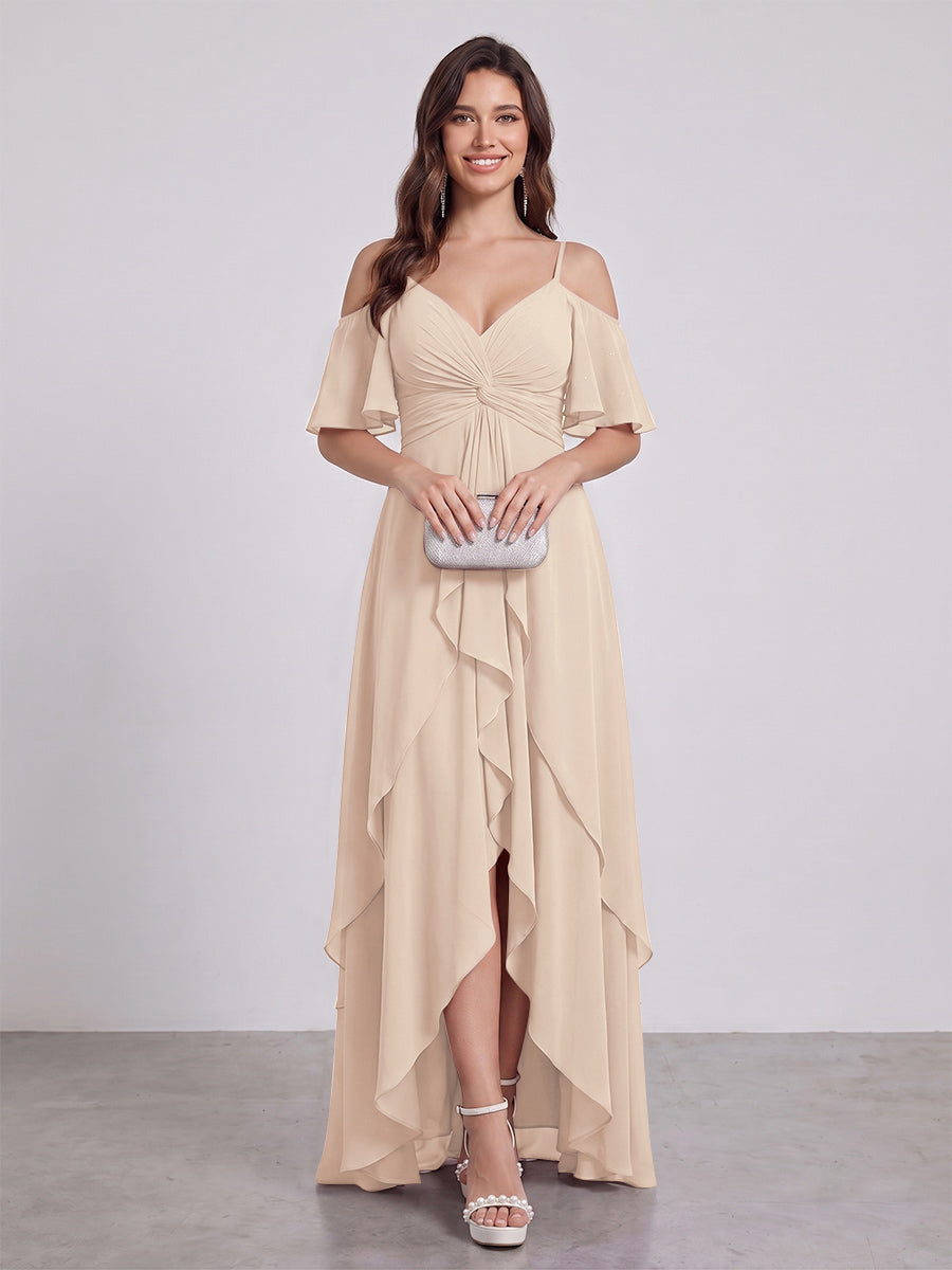 A-Line/Princess Spaghetti Straps Half Sleeves V-Neck Bridesmaid Dresses With Ruffles