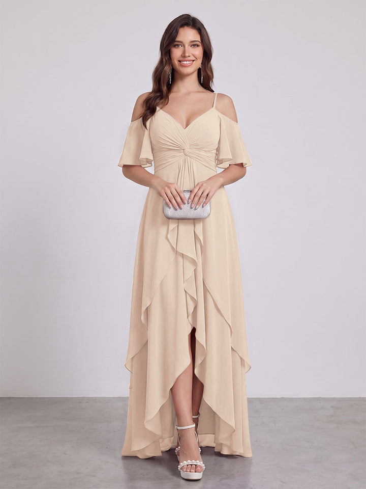 A-Line/Princess Spaghetti Straps Half Sleeves V-Neck Bridesmaid Dresses With Ruffles