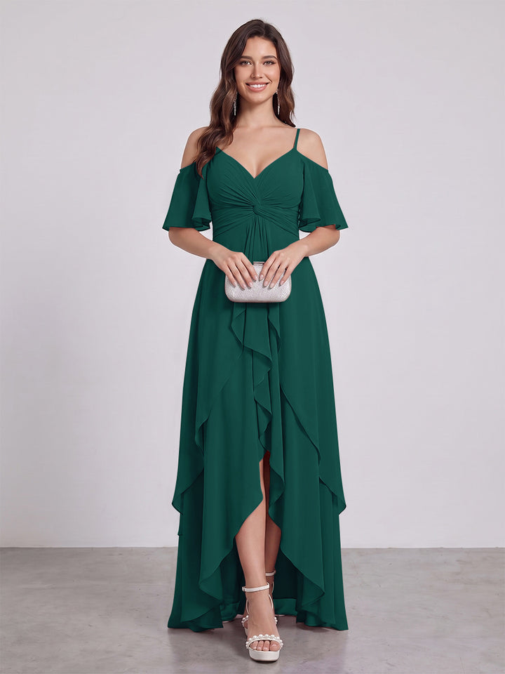 A-Line/Princess Spaghetti Straps Half Sleeves V-Neck Bridesmaid Dresses With Ruffles