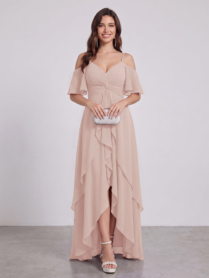 A-Line/Princess Spaghetti Straps Half Sleeves V-Neck Bridesmaid Dresses With Ruffles