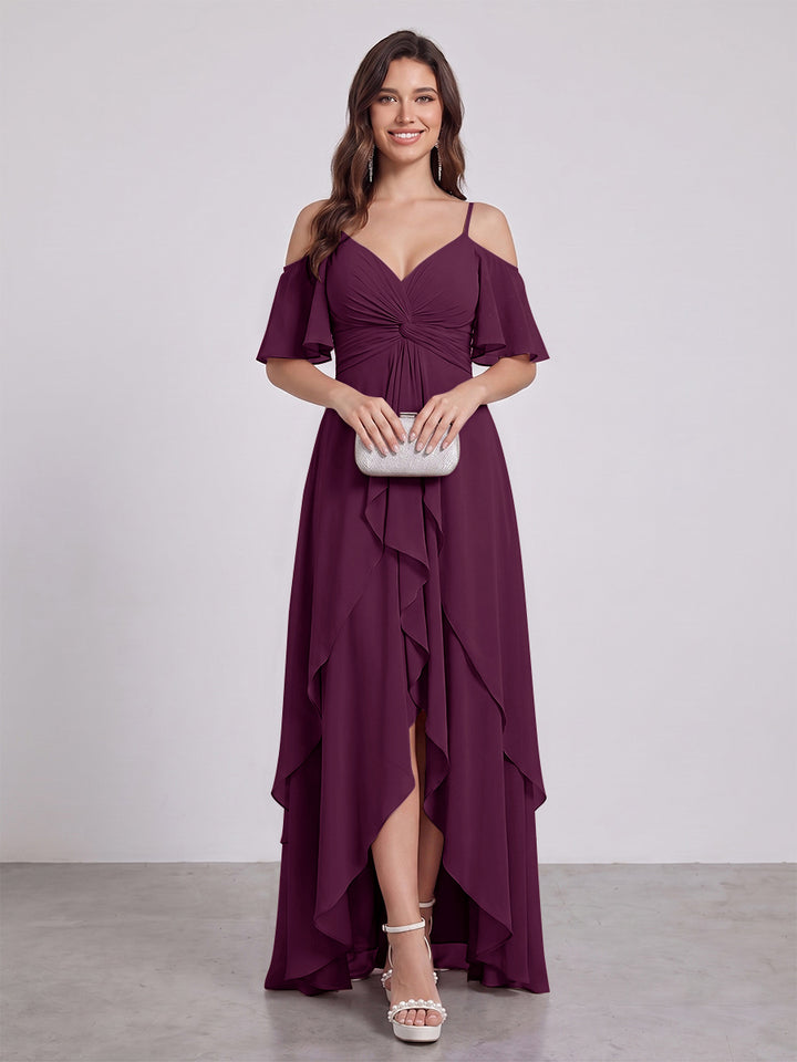 A-Line/Princess Spaghetti Straps Half Sleeves V-Neck Bridesmaid Dresses With Ruffles